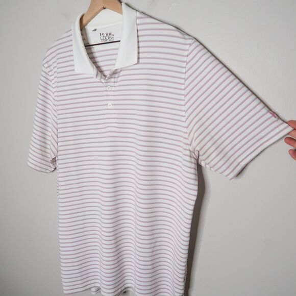 Under Armour Mens Loose Polo Shirt 2XL Pink White Stripes HeatGear Cancer Ribbon - Picture 5 of 11